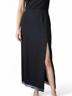 Vintage Black Beaded Fringe Maxi Skirt Side Slit - Boho Festival Minimalist 90's